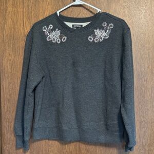 Express Charcoal Crewneck Sweater with Jeweled Shoulder Accents